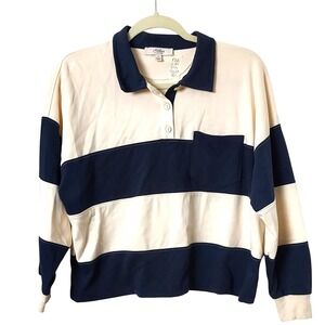 Vintage Y2K Atelier Stripe Long Sleeve Polo Shirt Top‎ with Pocket black beige